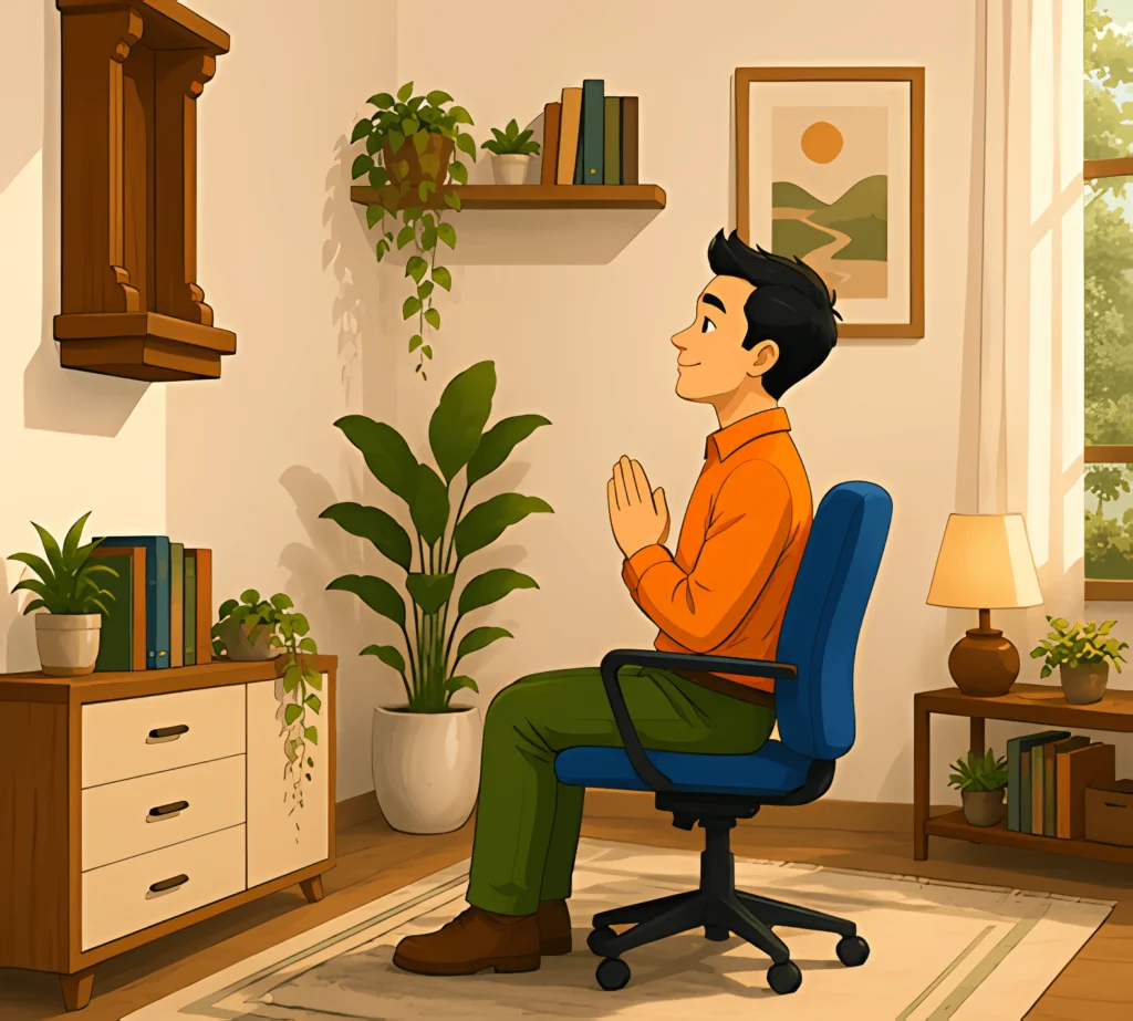Homem sentado em oração diante de um altar, cercado por plantas, livros e luz natural.