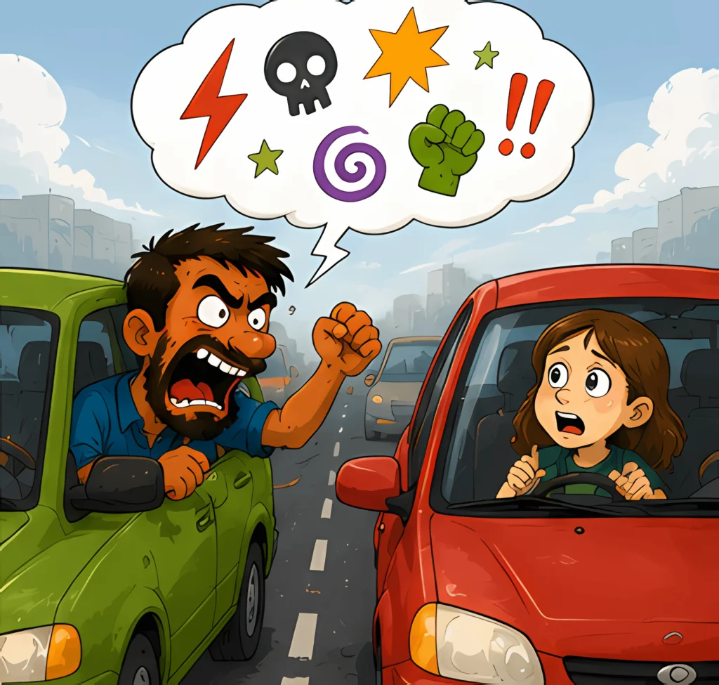 Ilustração mostra dois motoristas em conflito no trânsito, cercados por símbolos de raiva e pensamentos negativos.