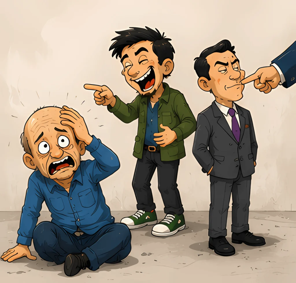 Ilustração de pessoas ridicularizando um homem assustado, representando atitudes de desrespeito e exclusão social.