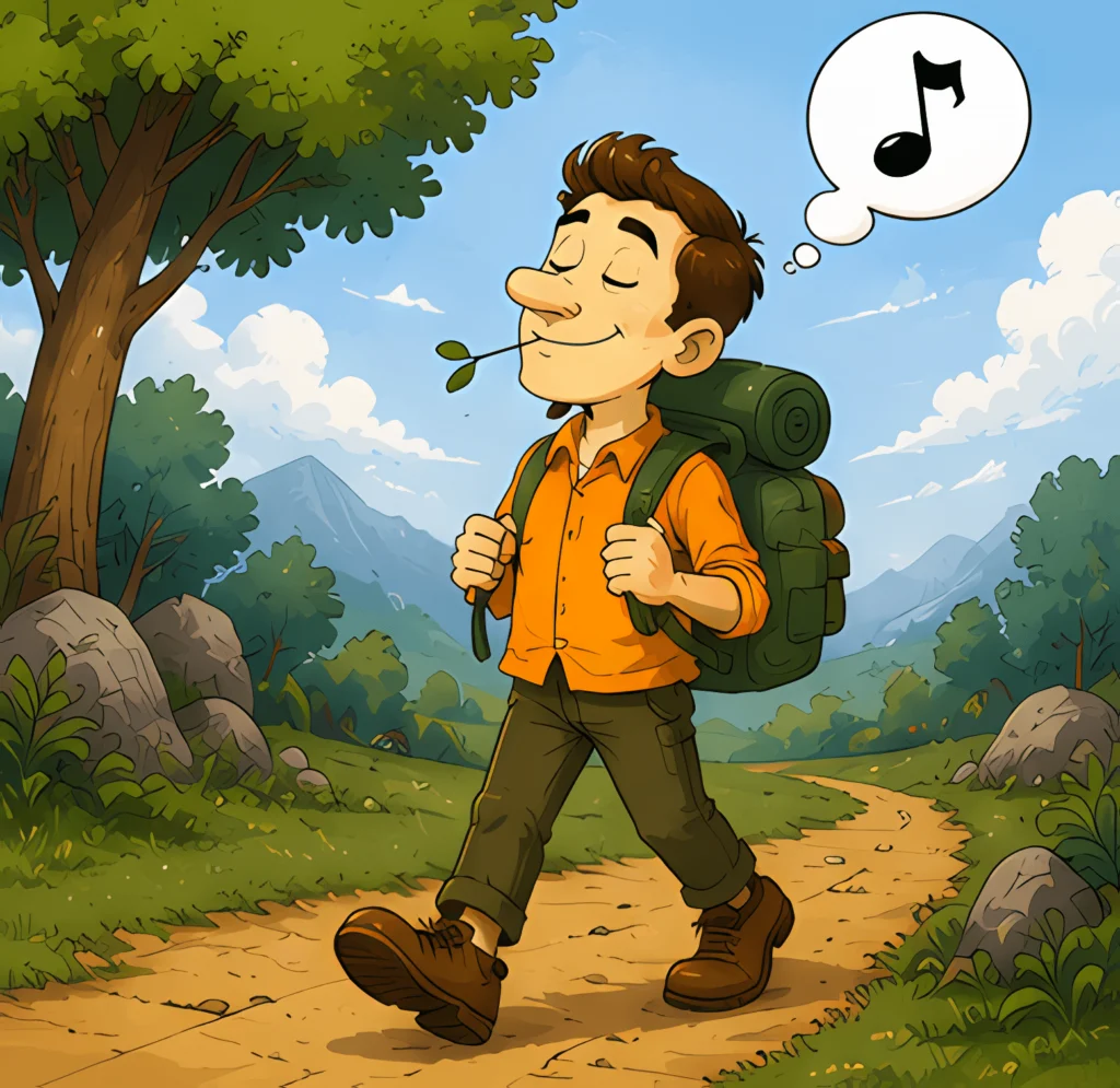 Pessoa caminha pela natureza com mochila, apreciando a paisagem e imaginando música, em um cenário de montanhas e árvores.