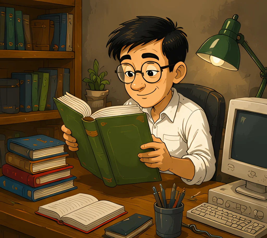 Jovem lê um livro em ambiente de estudos, cercado por estantes, cadernos, planta e computador.