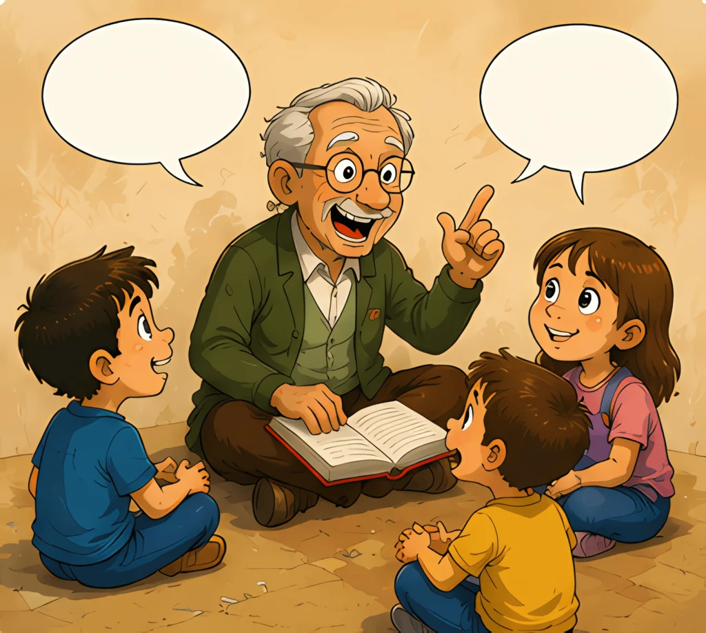 Avô compartilha conhecimentos com três crianças reunidas ao redor de um livro, em um momento de aprendizado.