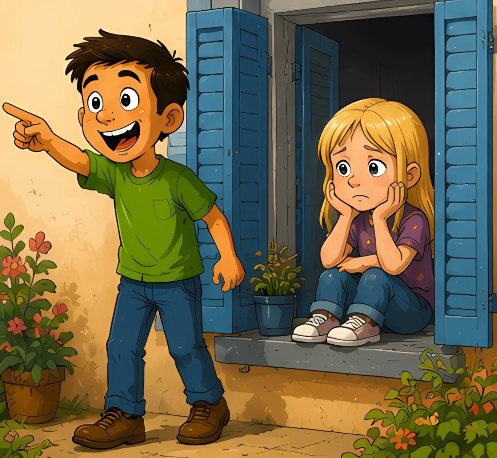 Menino aponta sorrindo, enquanto menina sentada à porta observa pensativa, cercados por flores e plantas.